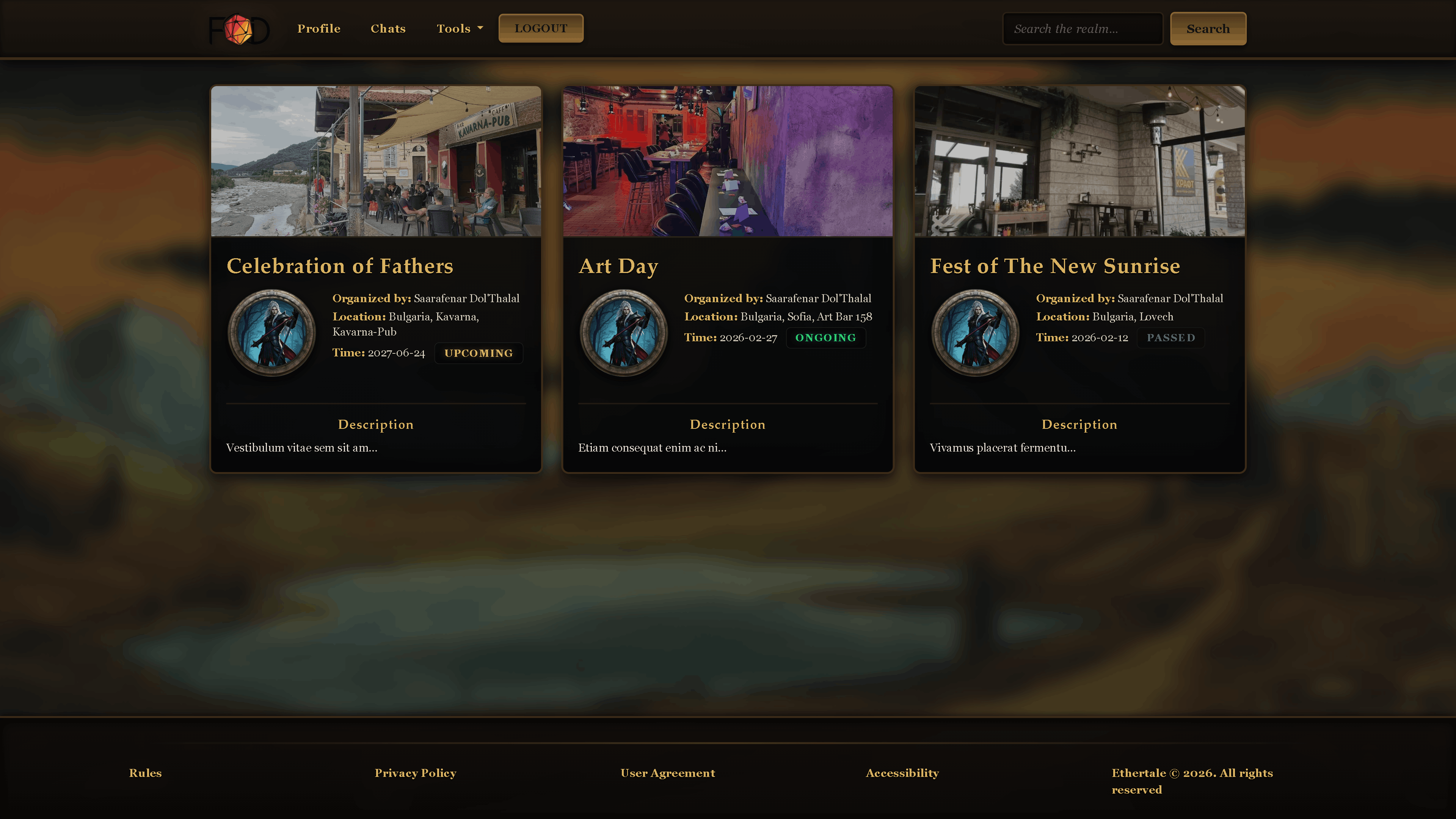 The events page showcases user-created events and their details. From here users can click on any even to go into detail.