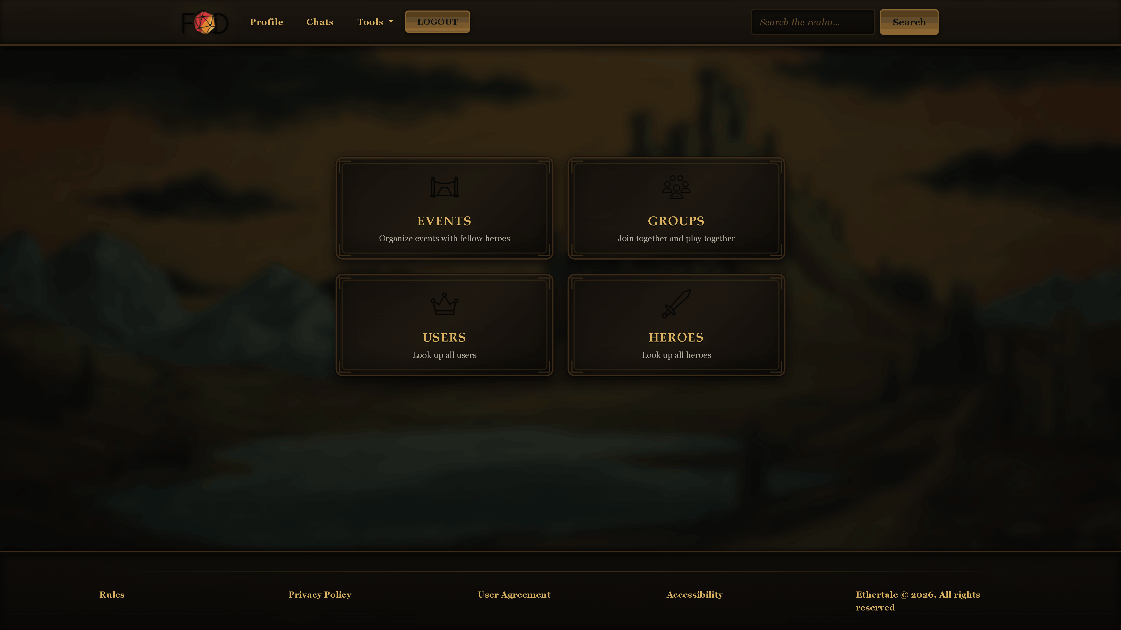 The home page after the user logs in/registers, presenting everything that the user will need to navigate around the website.