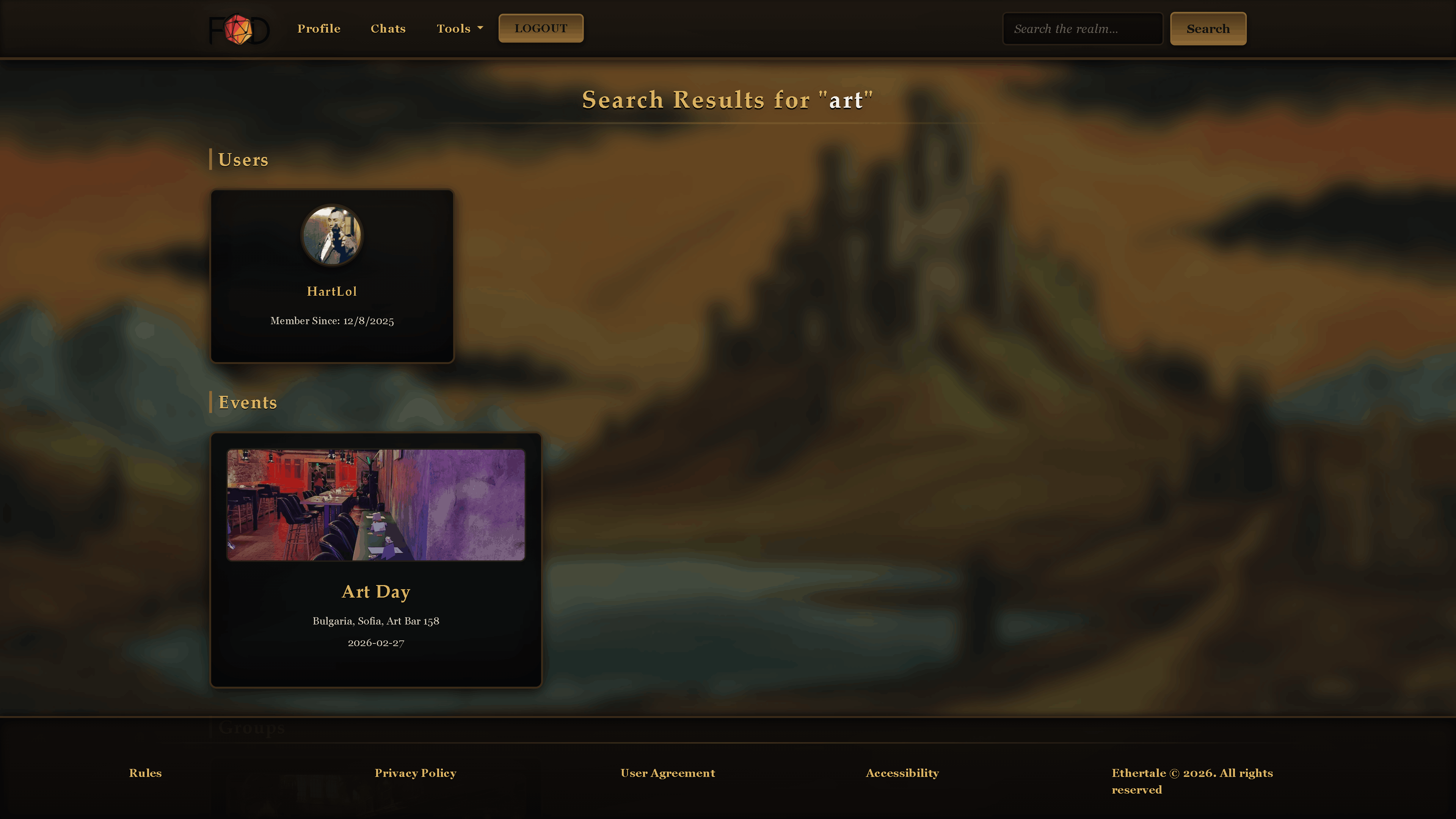 Users have the option to search for anything in the top right search bar. With the given input by the users, all users, heroes, groups and events will be displayed that contain the input in their names/titles.