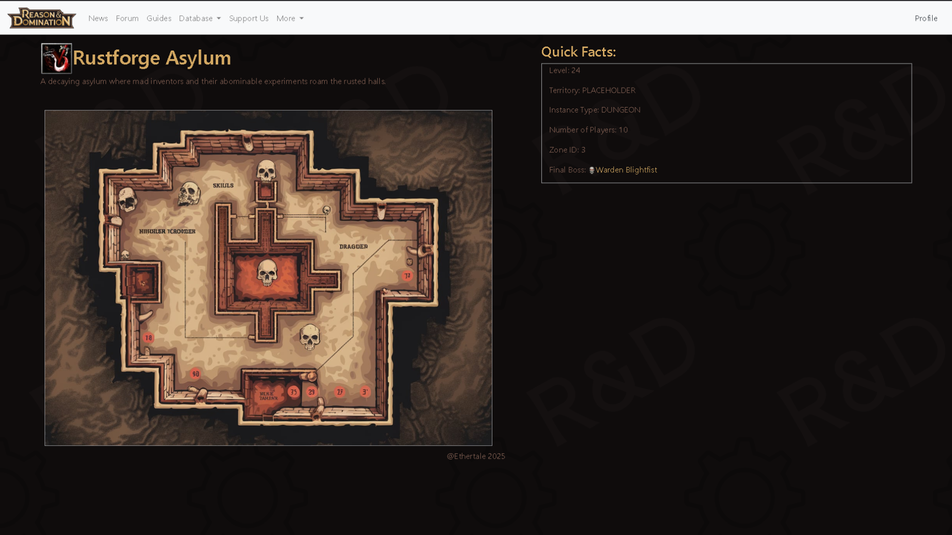 A simple page showcasing a specific dungeon with a map and info related to it.