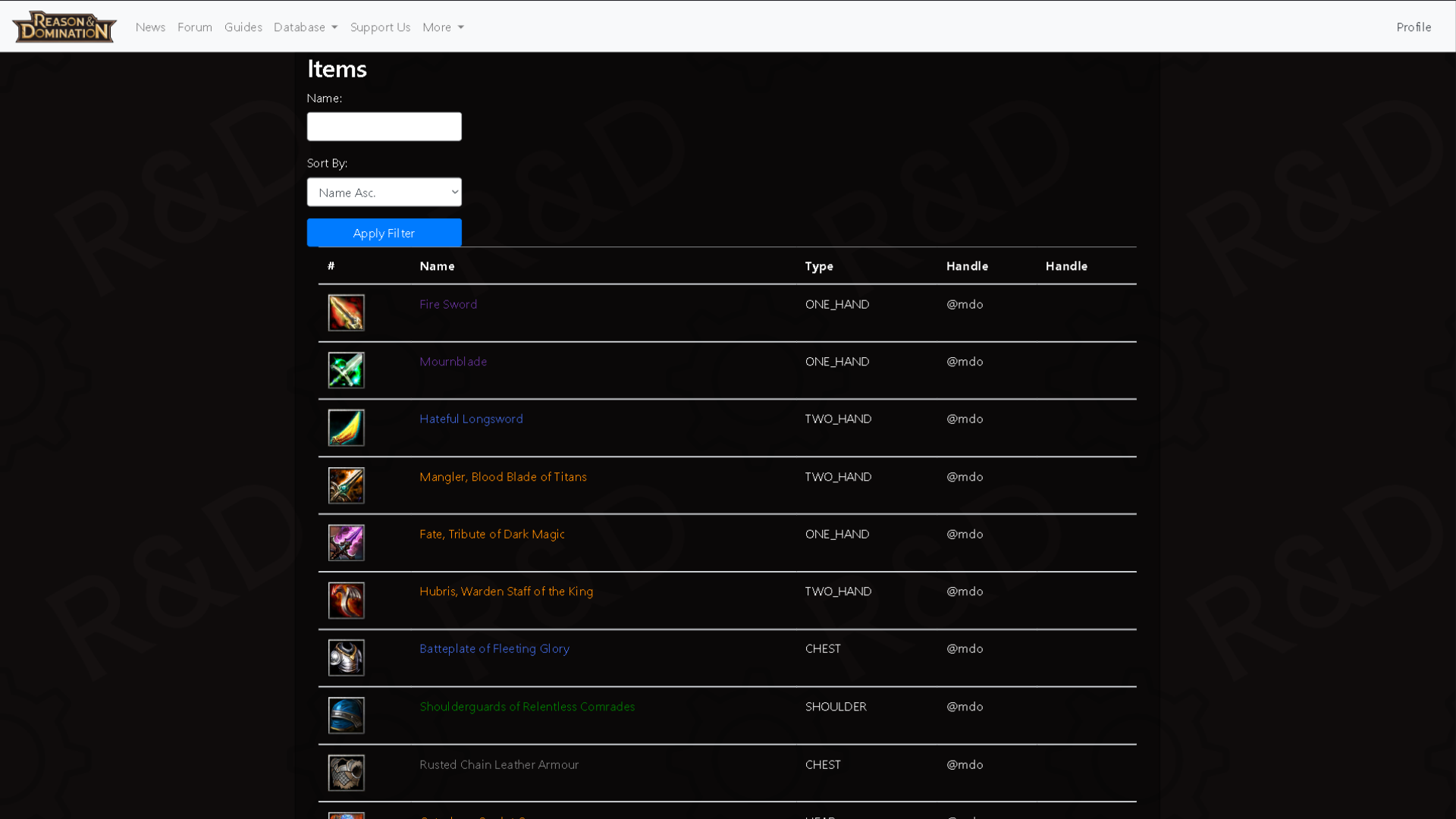 All the available items from the database are displayed here (the filter is an unfinished feature).