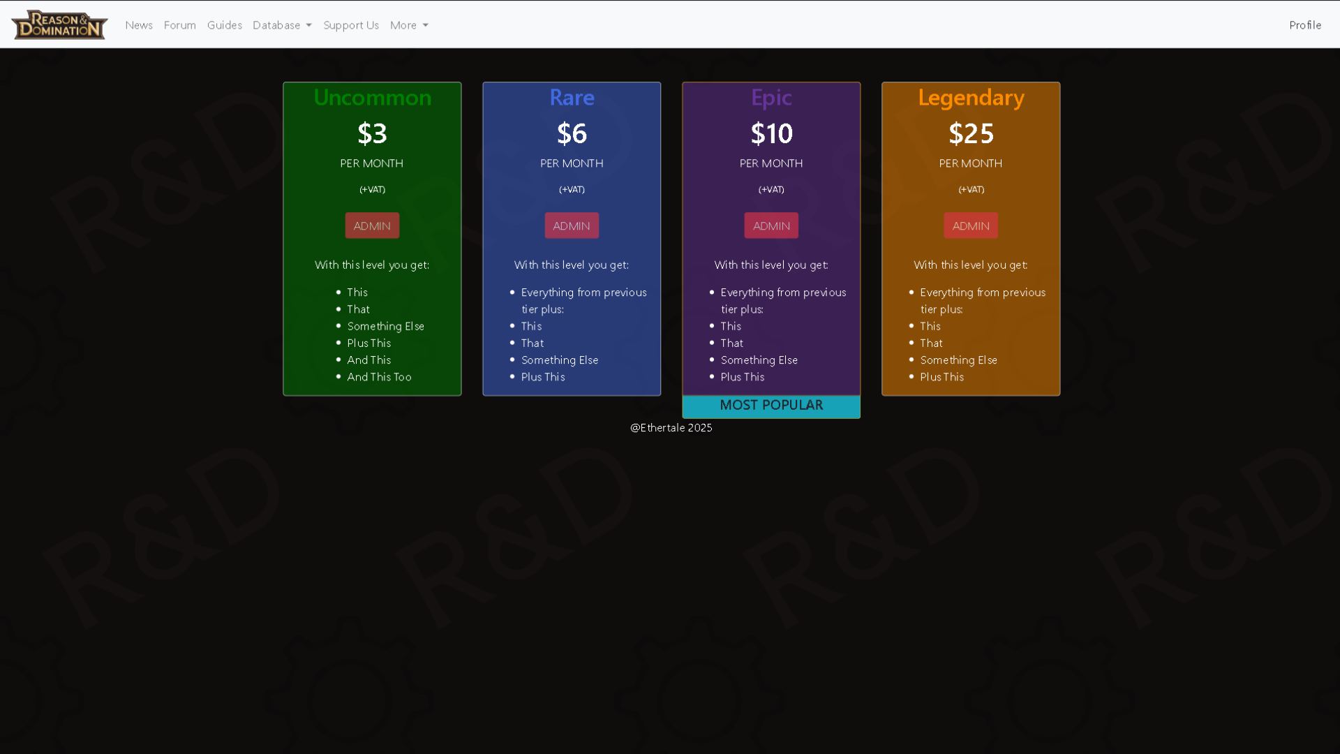 The website has different tiers for supporters, earning them a title (a placeholder, no transactions happen).